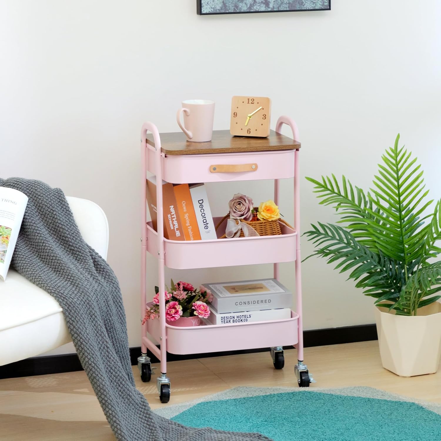 DOEWORKS - chariot 3 niveaux métal rose, tiroir, compact, cuisine, chambre