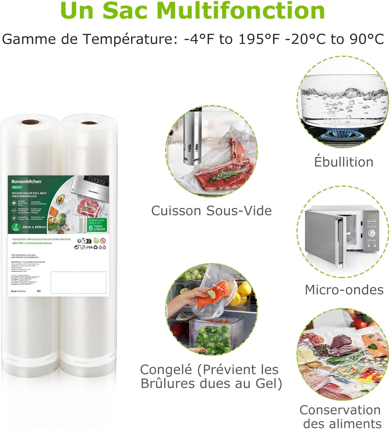 Bonsenkitchen - rouleaux sous vide 28x600cm - sans BPA, conservation aliments VB3207