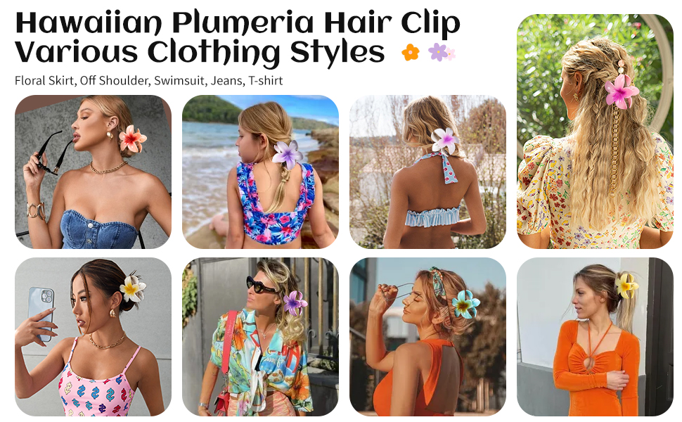 Collage de huit images présentant des pinces à cheveux en plumeria portées avec différents styles de vêtements, notamment des maillots de bain, des t-shirts