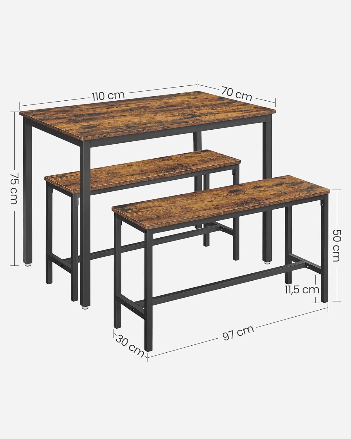 VASAGLE - table à manger 3 pièces - 110x70x75 cm - acier et bois - KDT070B01