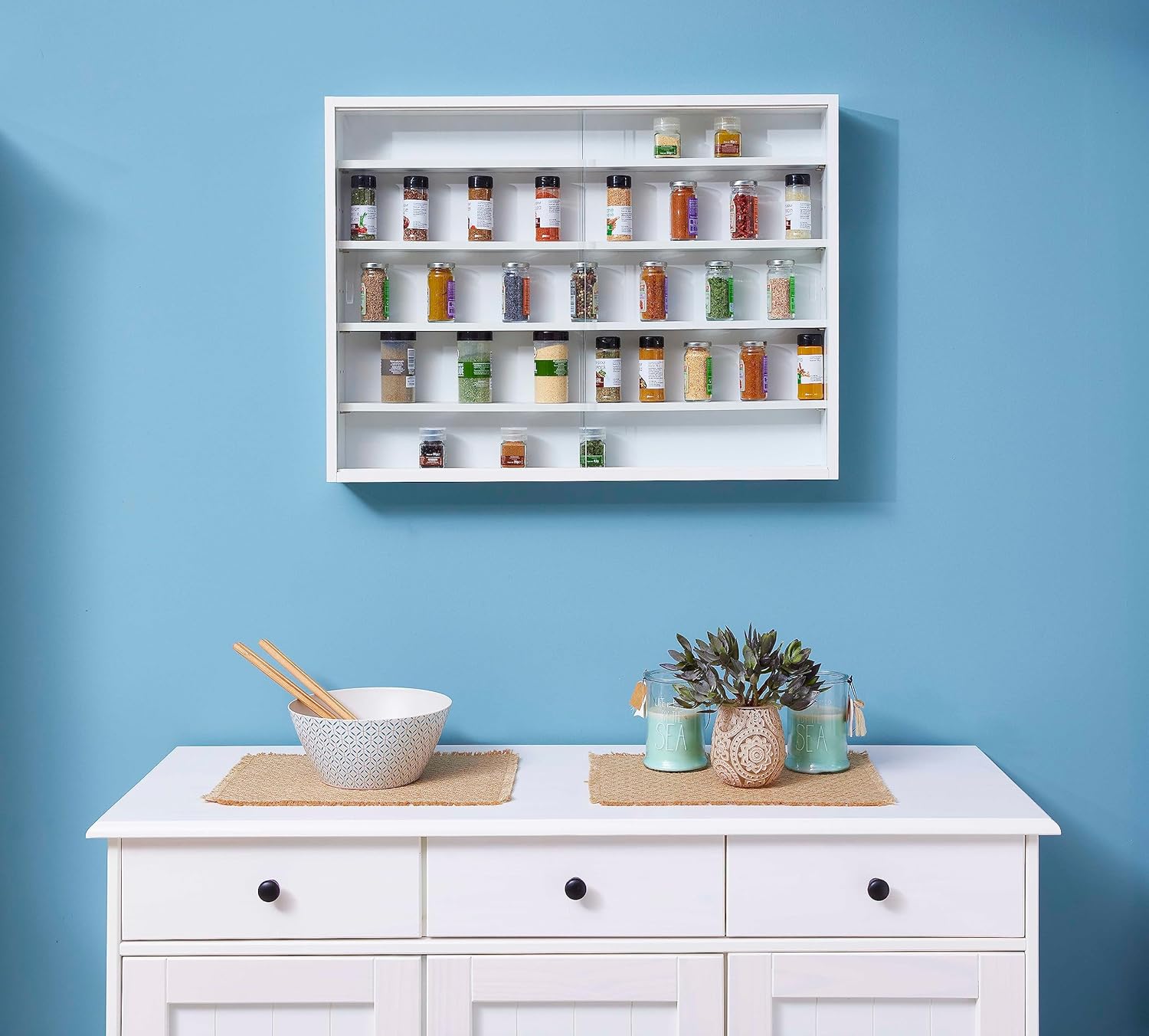 Inter Link - vitrine murale 80x60x9.5 cm - 4 étagères, MDF, blanc