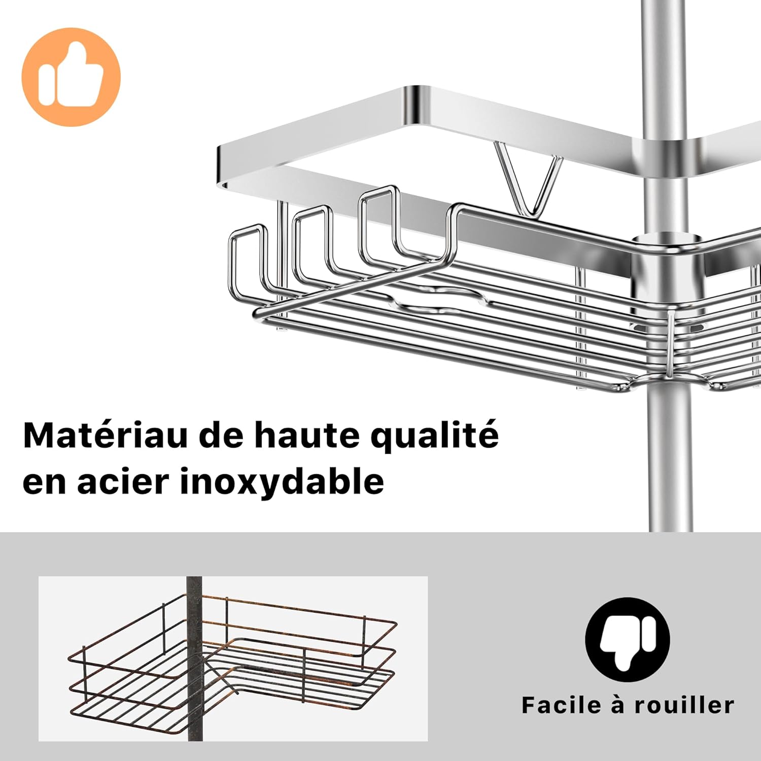 Kegii - étagère douche télescopique - hauteur réglable, 4 paniers - argent