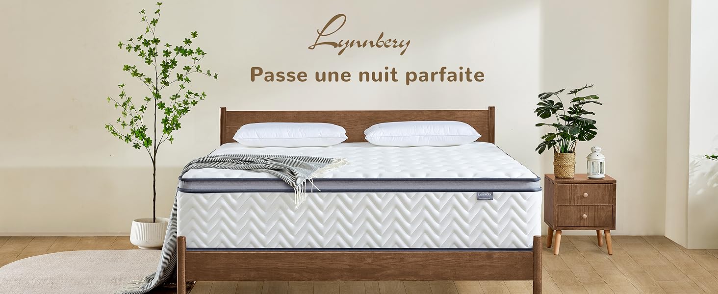 Le texte indique « Lynnbuy » et « Passe une nuit parfaite ». Cadre de chambre moderne avec matelas sur cadre de lit plateforme en bois avec un décor minimaliste.