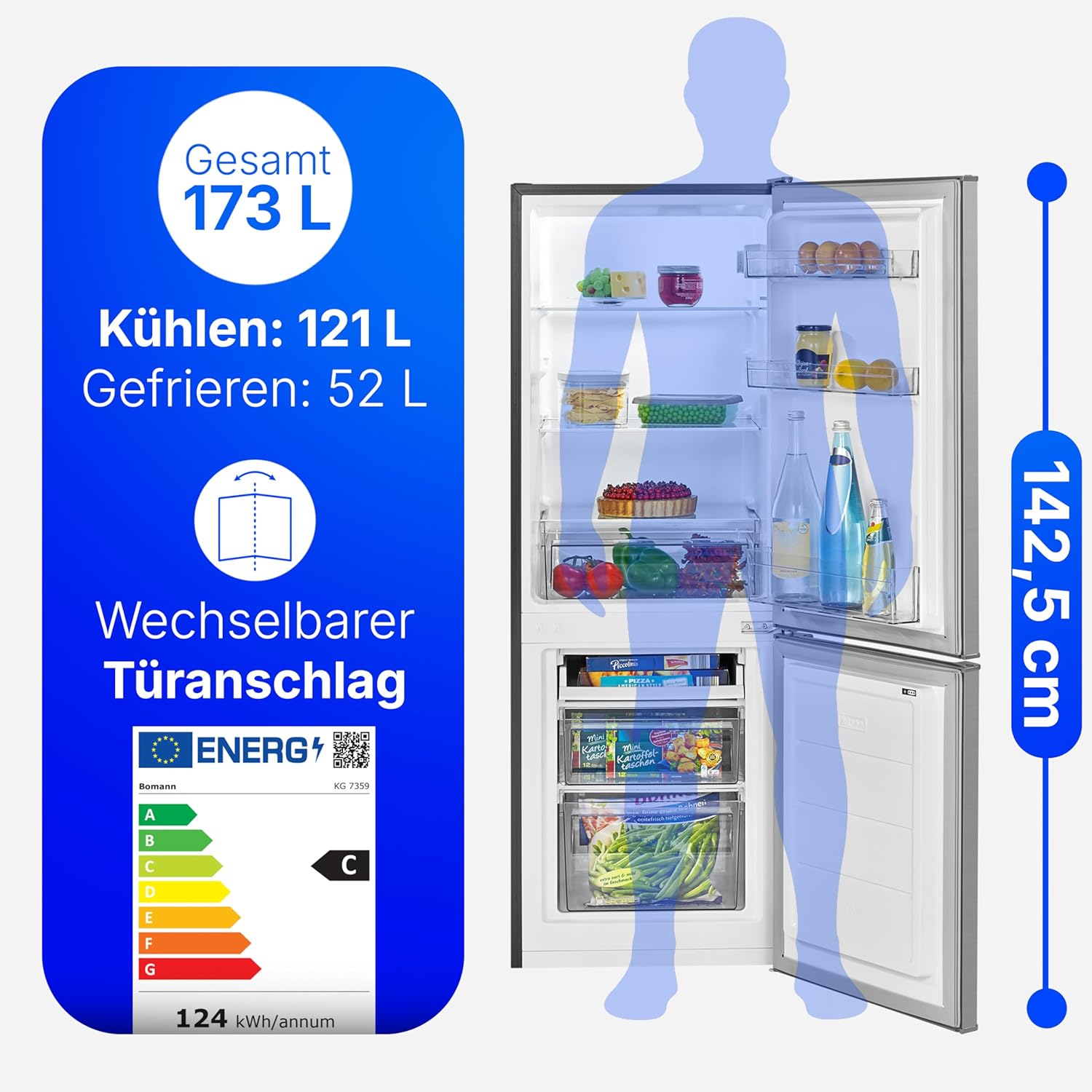 Bomann - réfrigérateur combiné inox 142,5x49,5x56 cm - 173L, LED, alarme, économie KG7359