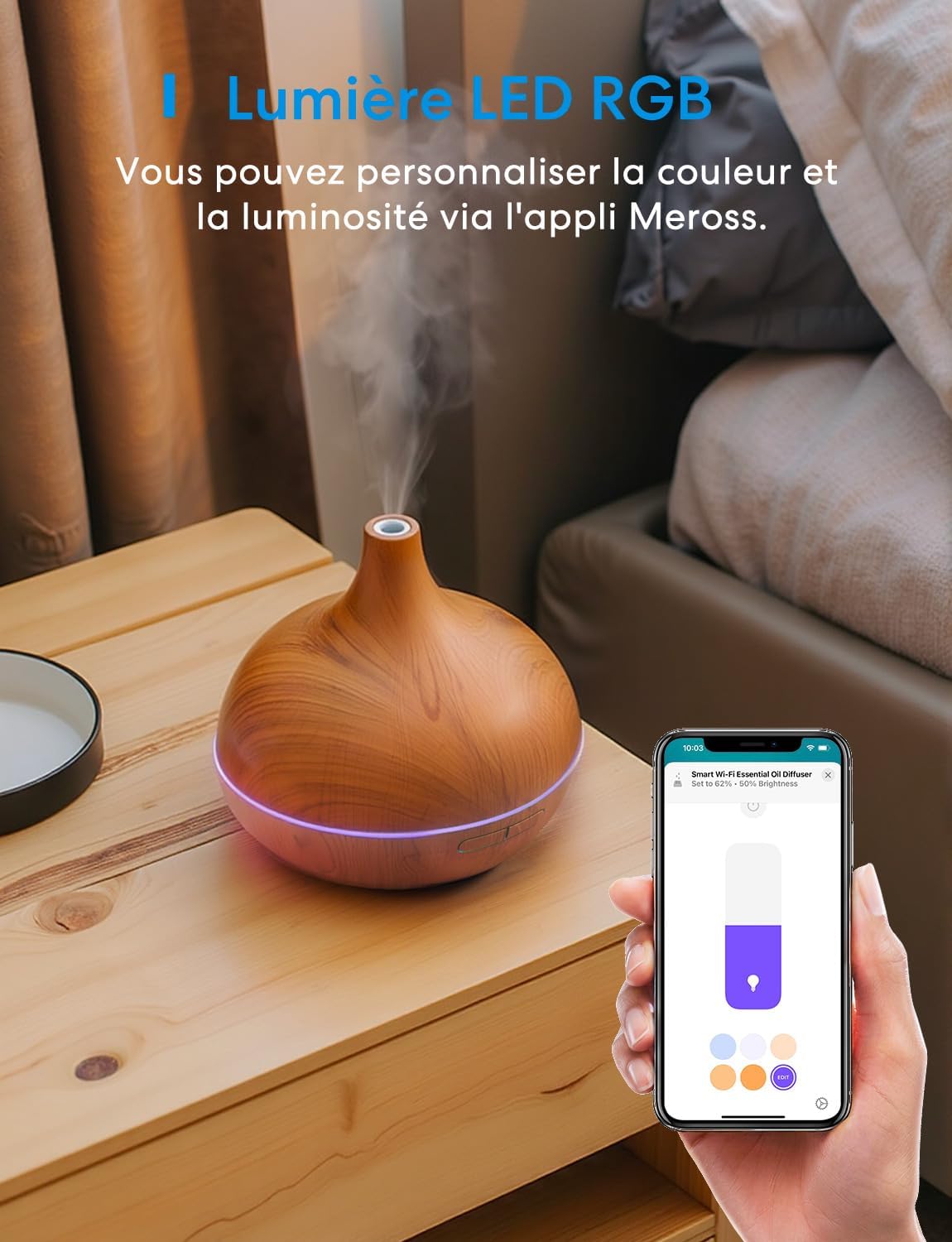 Meross - Diffuseur connecté WiFi - LED RGB, vocal, sans BPA, HomeKit