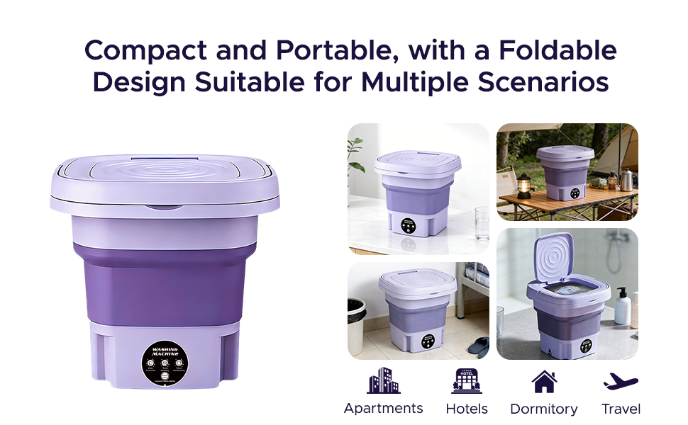 Le texte indique « Compact et portable, avec un design pliable adapté à de multiples scénarios ». Collage de produits montrant un appareil à vapeur pliable violet dans différentes positions avec des icônes pour la maison/le bureau/les voyages.