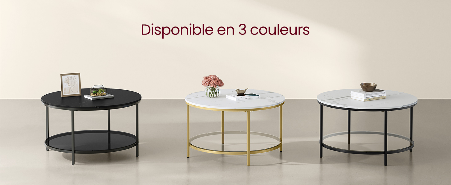 Trois tables basses rondes avec des cadres en métal noir, doré et blanc. Texte « Disponible en 3 couleurs » ci-dessus.