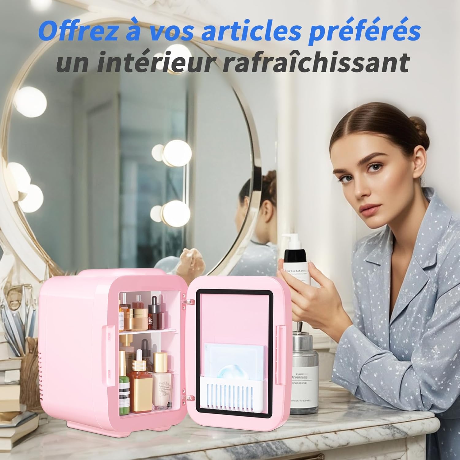 YASHE - Mini frigo LED miroir 4L, portable, 220V/12V, rose