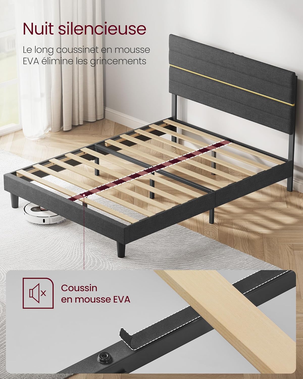 VASAGLE - lit double moderne - 140x200 cm - tête rembourrée réglable, métal et bois gris ardoise RMB504G01