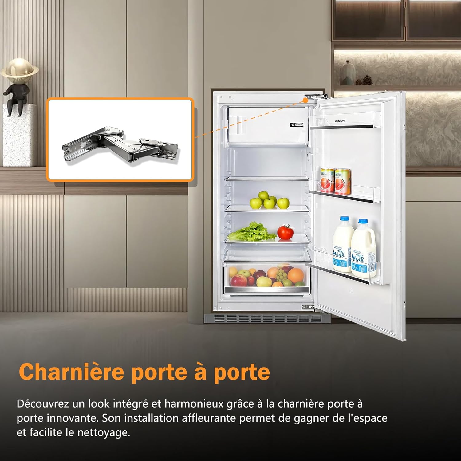 magictec - Réfrigérateur encastrable 188L, niche 122cm, congélateur, poignées interchangeables