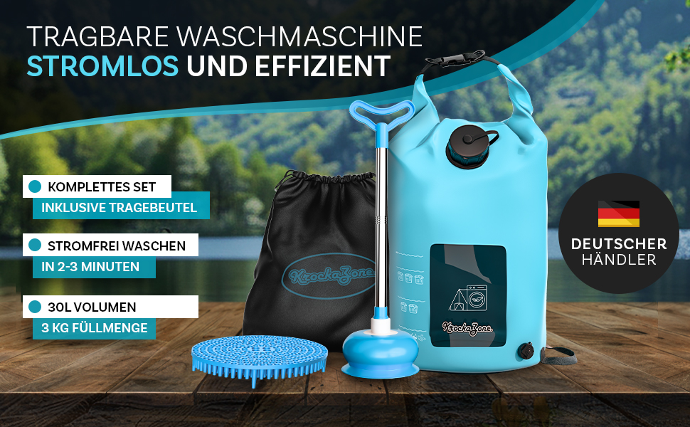 comprenant un réservoir d'eau bleu, un accessoire pour brosse et un sac à vêtements noir. Dispose d'une capacité de 30 L et prétend être impuissant et efficace