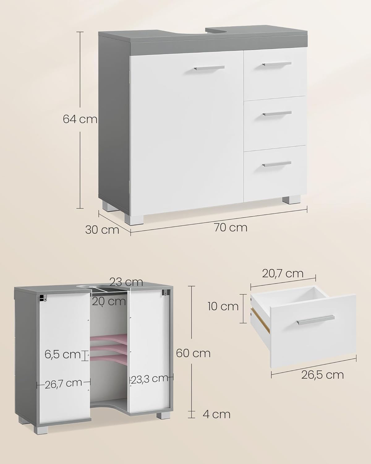 VASAGLE - meuble sous lavabo BBK504W02 - 30x70x64 cm - 3 tiroirs, 2 cases, blanc et gris