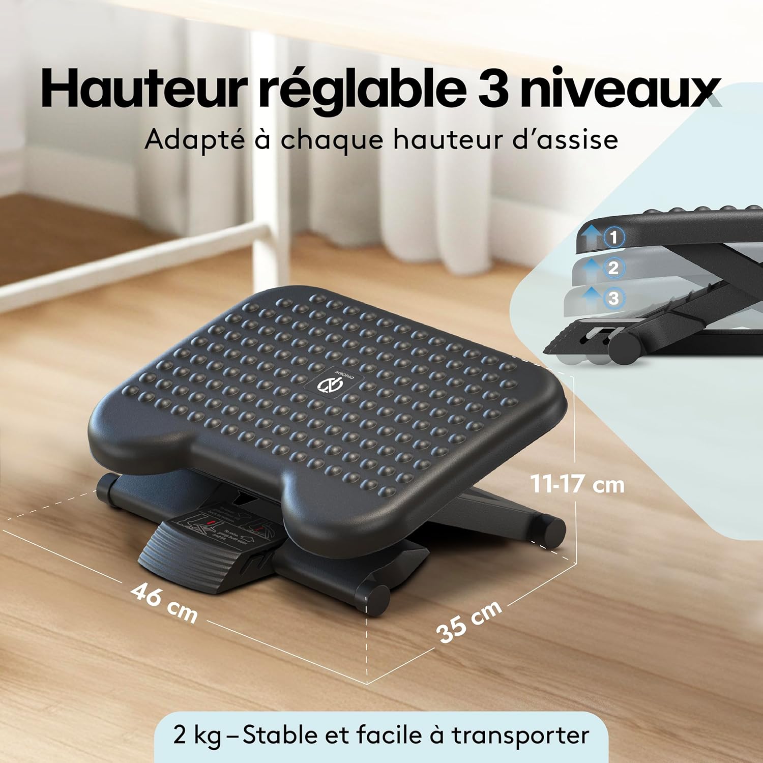 ACROPAQ - repose-pieds ergonomique, 3 hauteurs réglables, antidérapant, inclinaison -30/+30°, gris