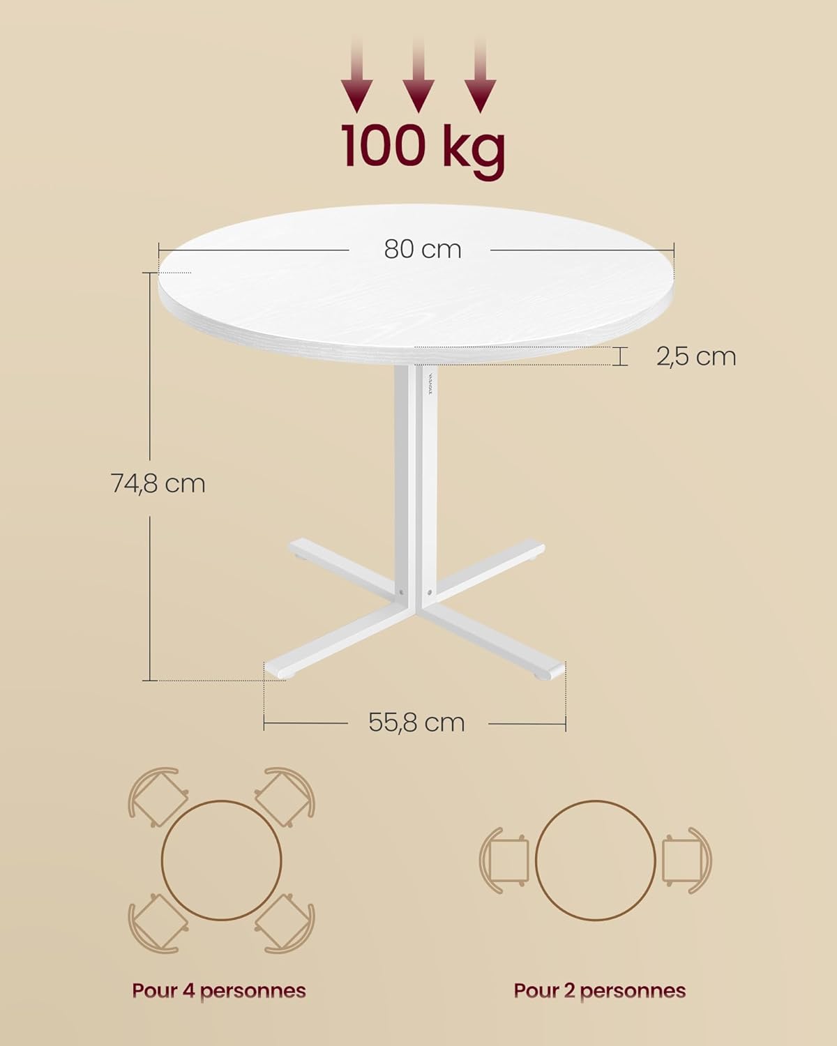 VASAGLE - Table ronde style campagnard, 80x74,8cm, résistante à l'eau, KDT082W01