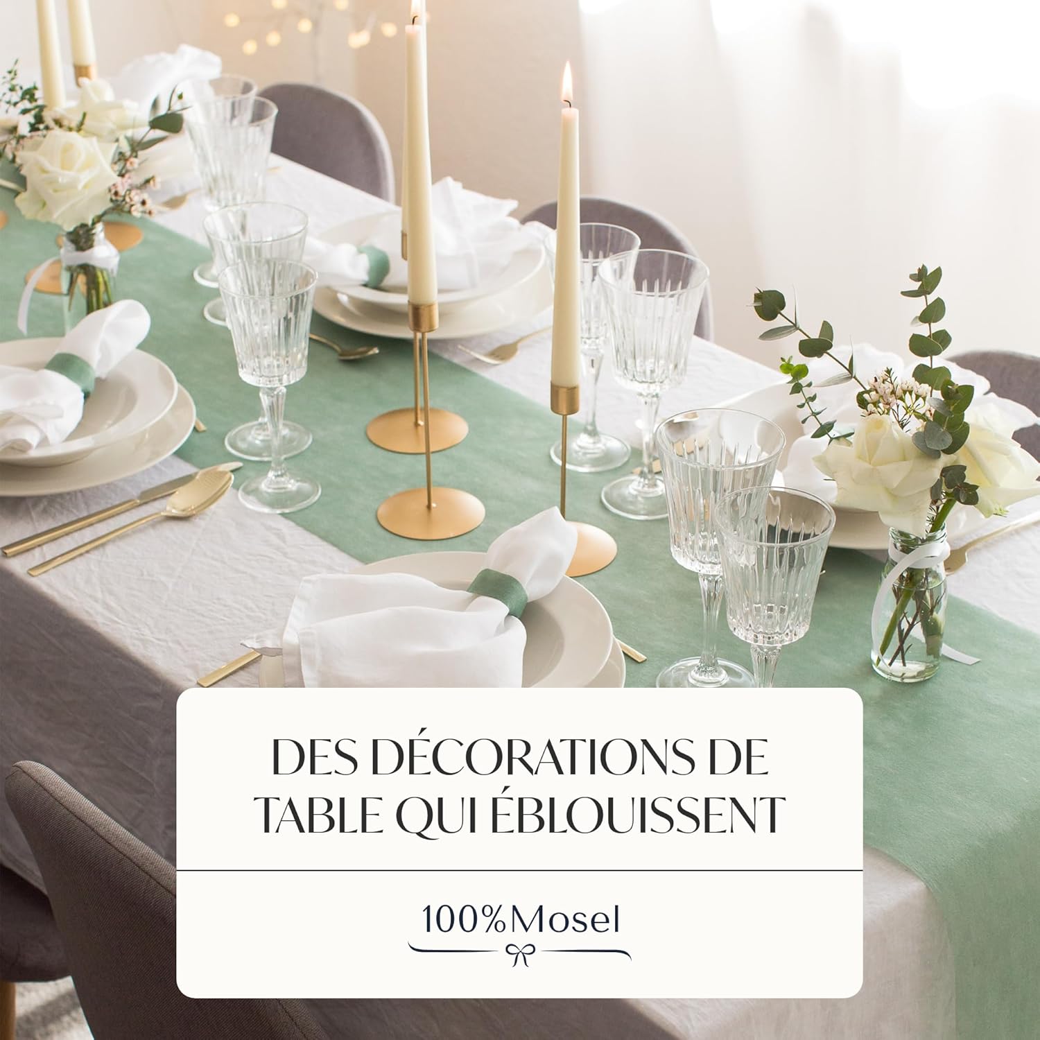 100%Mosel - Chemin de table, vert eucalyptus - 30x2500cm - non-tissé décoratif pour fêtes