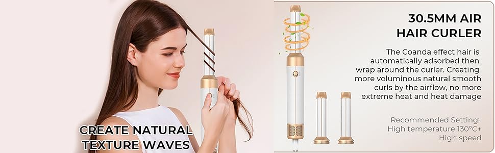 de 30,5 mm avec plusieurs accessoires, présenté parallèlement à une démonstration de coiffage