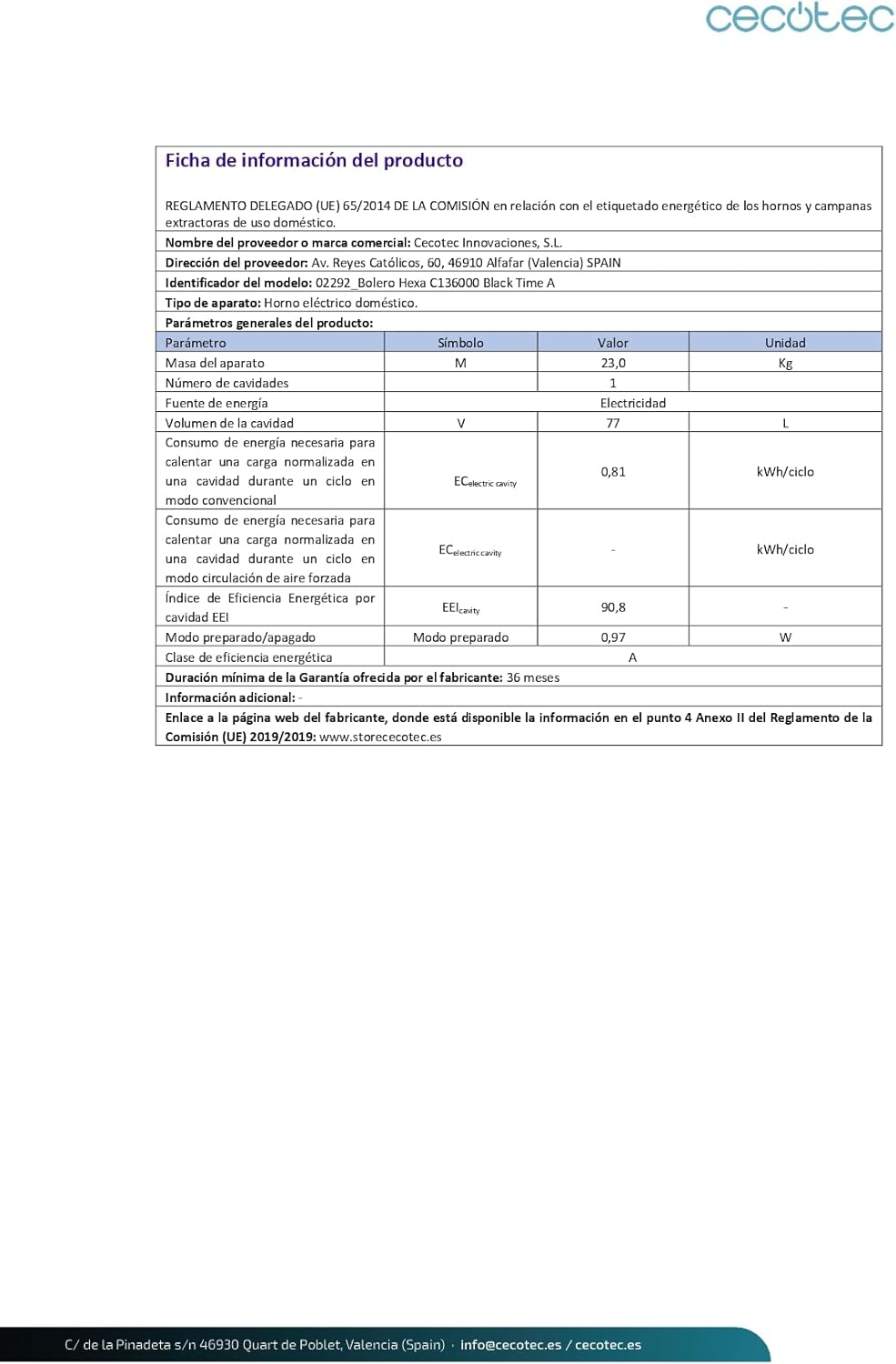 Cecotec - Bolero Hexa Glass Black - 77L, 2800W, vapeur, minuterie, C136000