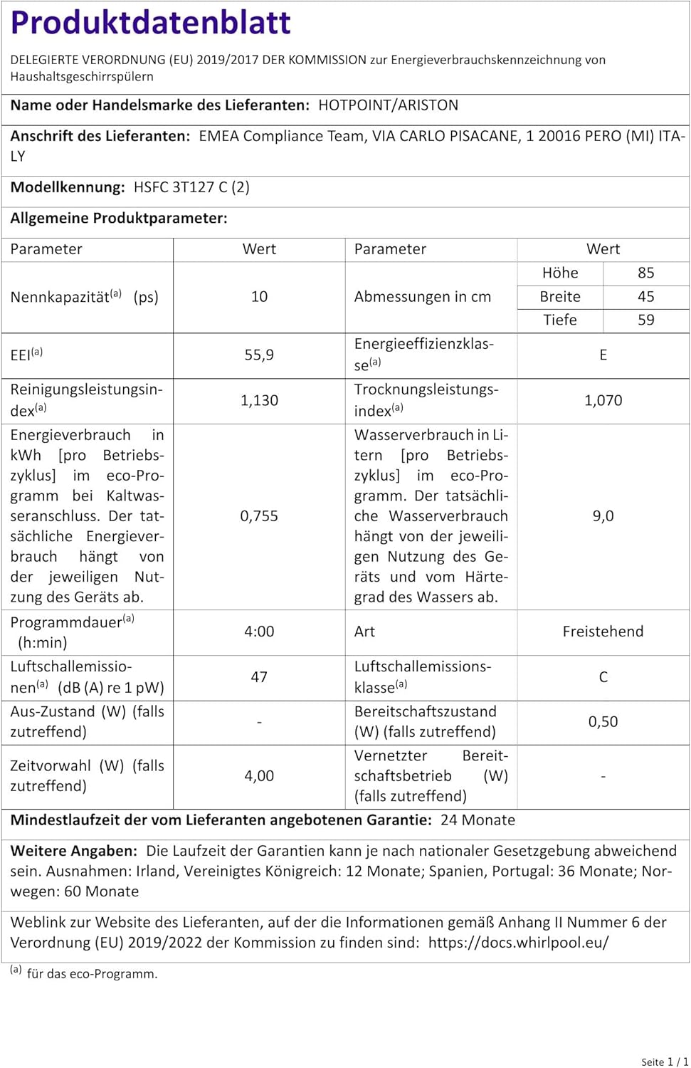 Hotpoint - Lave-vaisselle compact 45 cm, 10 couverts, A++, tactile - HSFC 3T127 C