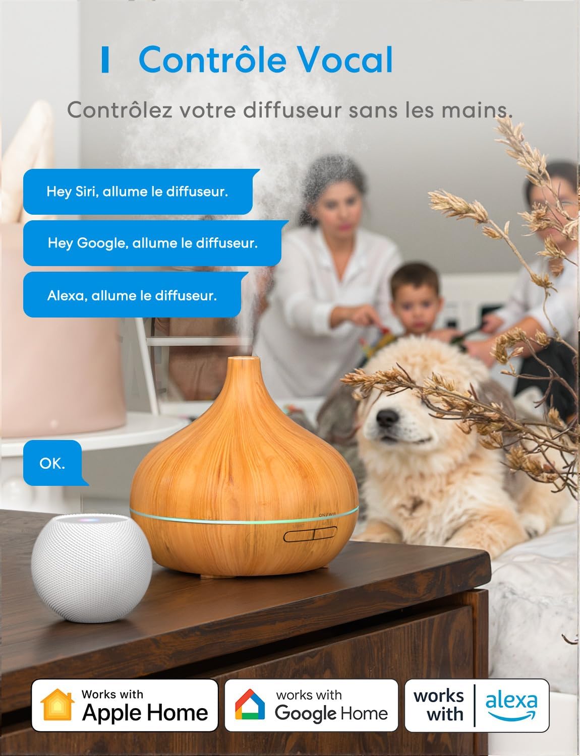 Meross - Diffuseur connecté WiFi - LED RGB, vocal, sans BPA, HomeKit