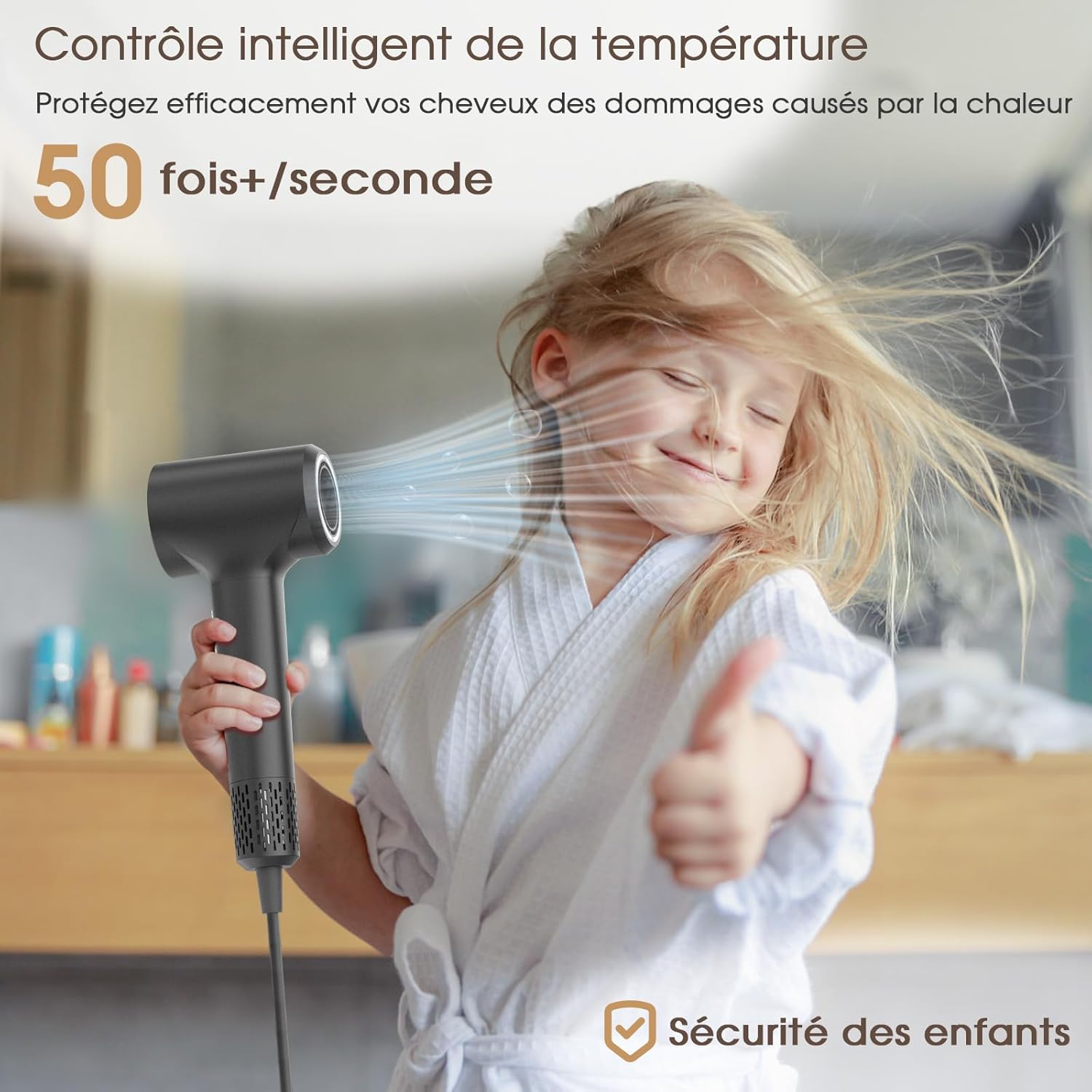 Sèche-cheveux ionique - moteur 110 000 tr/min - 57 dB, diffuseur - séchage rapide, 400M ions plasma