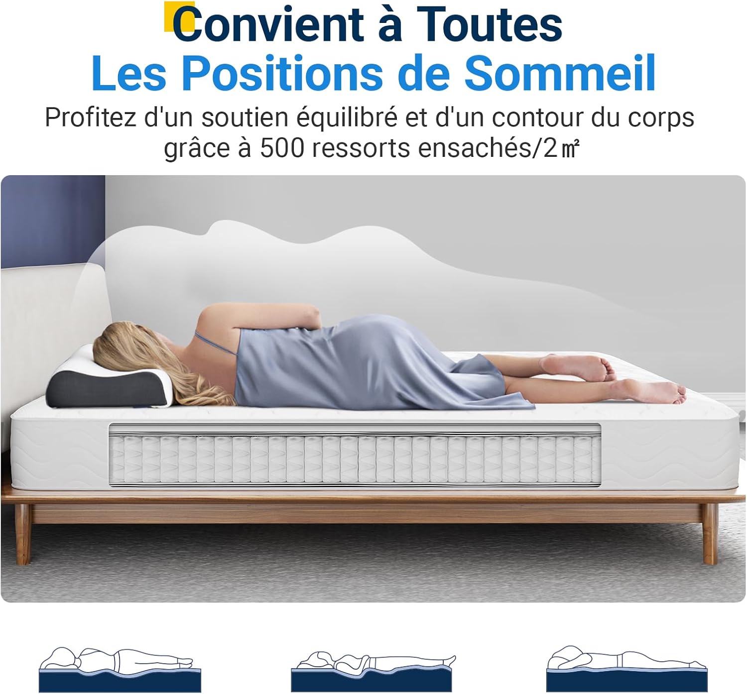Avenco - Matelas double série confort - 160x190 cm - Ressorts ensachés, mousse double, isolation mouvements, CertiPUR-US