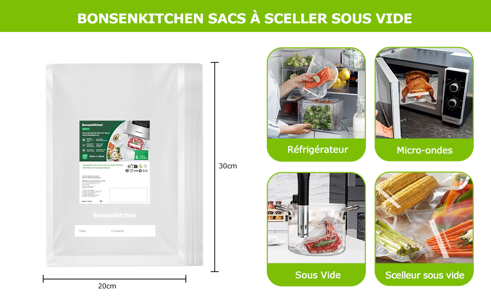 Le texte se lit comme suit : « BONSENENTCHEN SACS À SCELLER SOUS VIDE ». Quatre images de démonstration montrant le processus de scellage sous vide pour les sacs de conservation des aliments.
