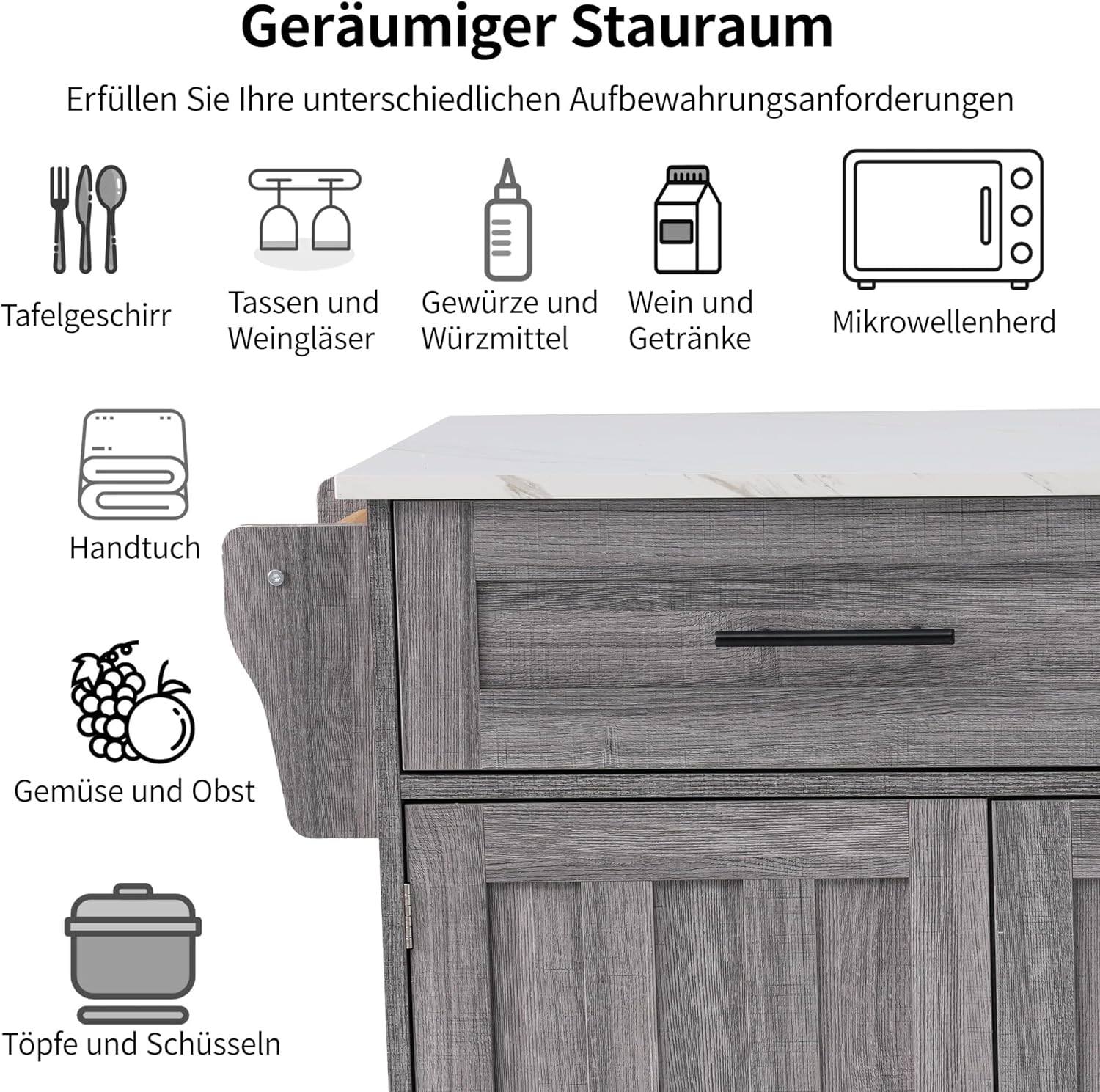 Desserte de Cuisine - plans rabattables, 2 tiroirs, 3 portes, 129x71x91,5 cm