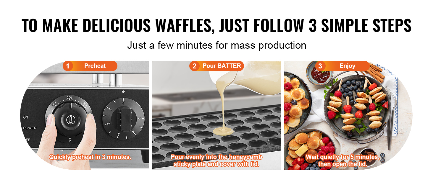 Le texte indique « POUR PRÉPARER DE DÉLICIEUSES GAUFRES, IL SUFFIT DE SUIVRE 3 ÉTAPES SIMPLES ». Série de photos de produits montrant un gaufrier et des gaufres finies avec garnitures.