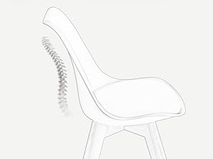 Dessin des grandes lignes d'une chaise moderne dotée d'un dossier incurvé, d'une assise intégrée et de pieds fins, avec une structure en forme de colonne vertébrale le long du