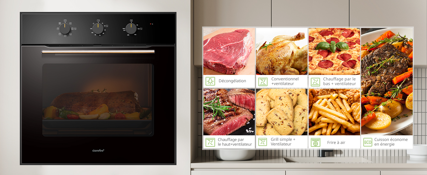 Four encastré noir avec porte transparente montrant les aliments à l'intérieur, à côté d'un panneau d'affichage avec diverses images et étiquettes d'aliments, mettant probablement en valeur les capacités de cuisson du four