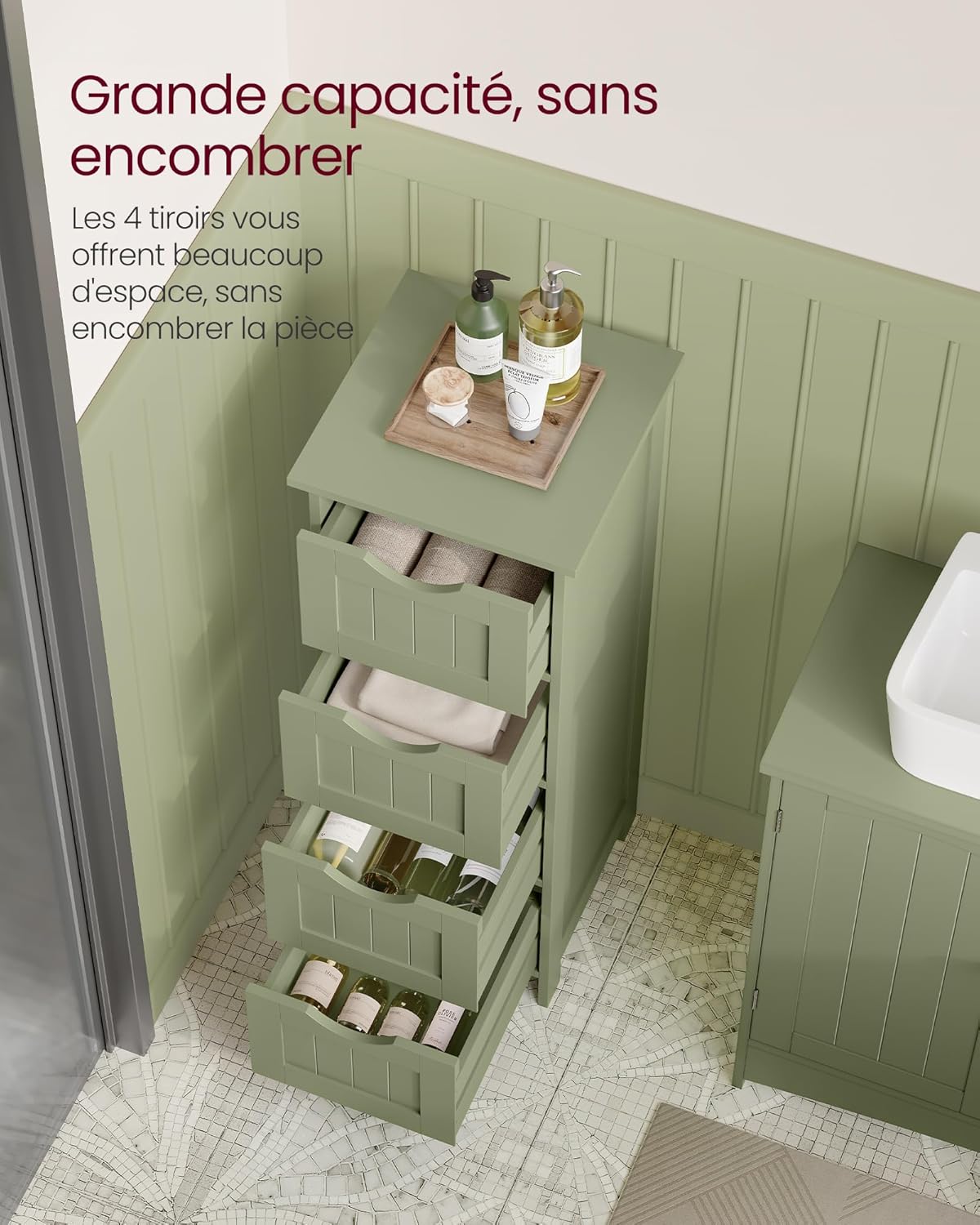 VASAGLE - meuble salle de bain, 4 tiroirs, 30x30x82 cm, vert olive, LHC040C02