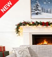 Collage d'images sur le thème de l'hiver montrant des paysages enneigés, des cheminées chaudes et des décorations festives avec du texte « NOUVEAU » superposé en rouge.