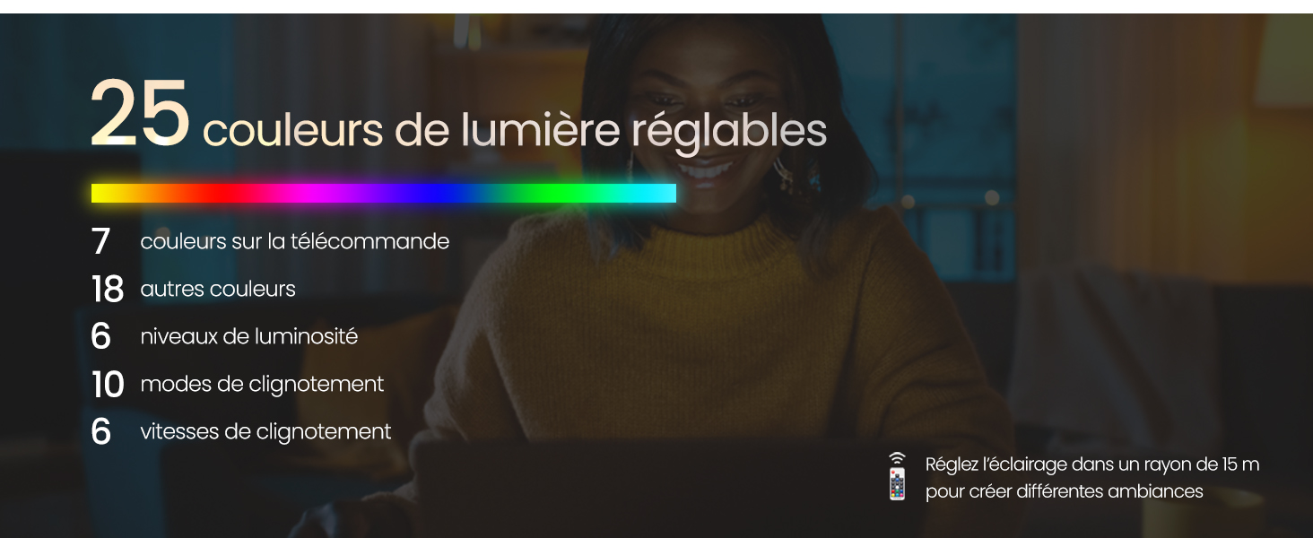 montrant 25 couleurs de lumière réglables : 7 tons blancs, 18 couleurs. Comprend des informations sur les niveaux de luminosité et les modes d'éclairage.