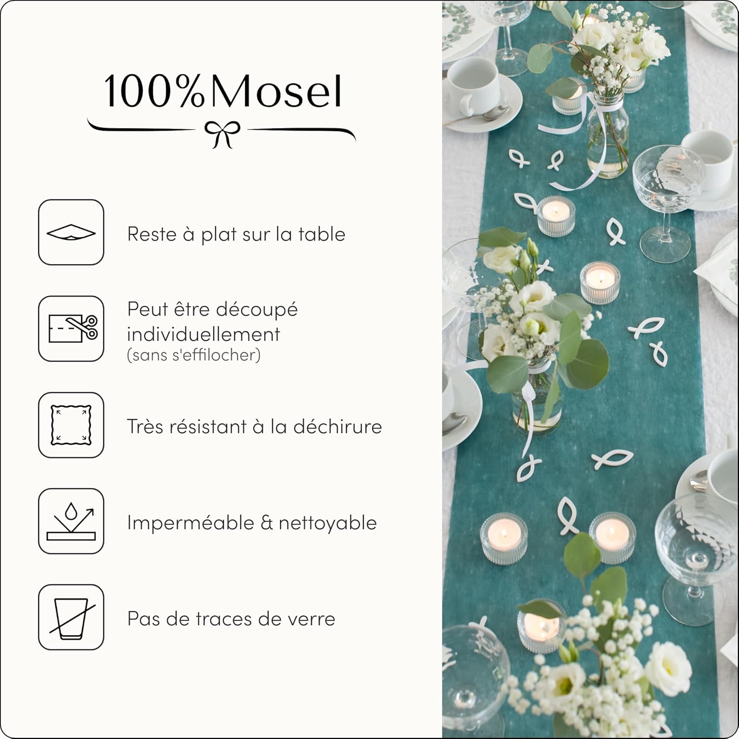 100%Mosel - Chemin de table non tissé - 30x250 cm - bleu pétrole, élégant, occasions spéciales