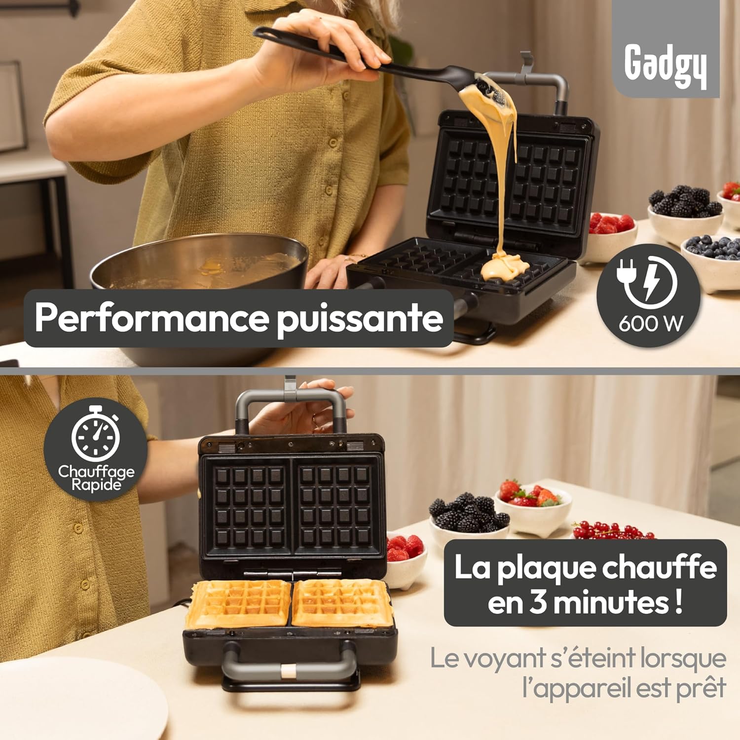 Gadgy - 2 en 1 Gaufrier/Croque-Monsieur - plaques amovibles, thermostat, rangement vertical