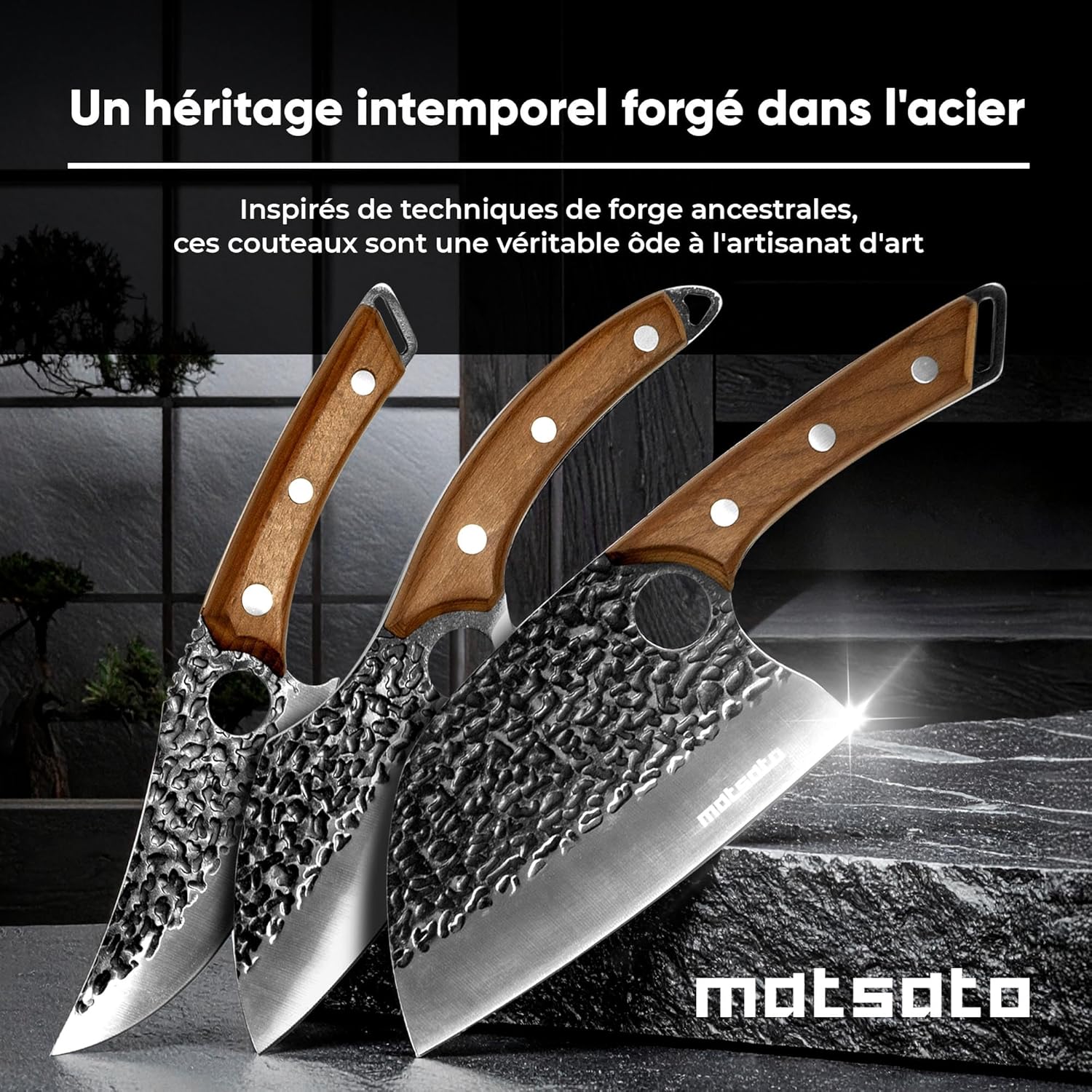 Matsato - Set professionnel 3 pièces - lames acier, poignée bois