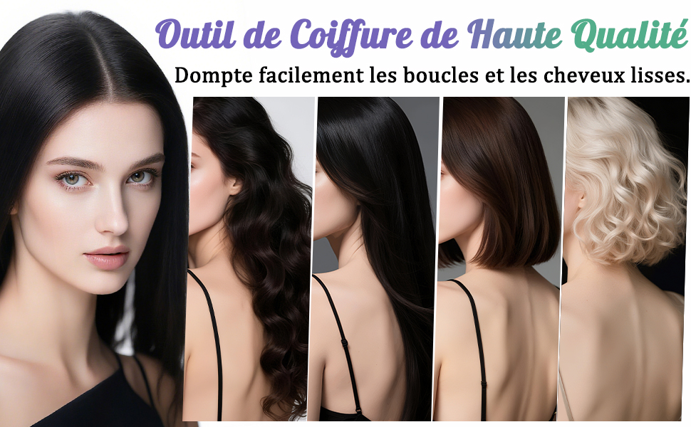 Le texte indique « Outil de Coiffure de Haute Qualité ». Plusieurs images montrant différentes coiffures et résultats de coiffage.