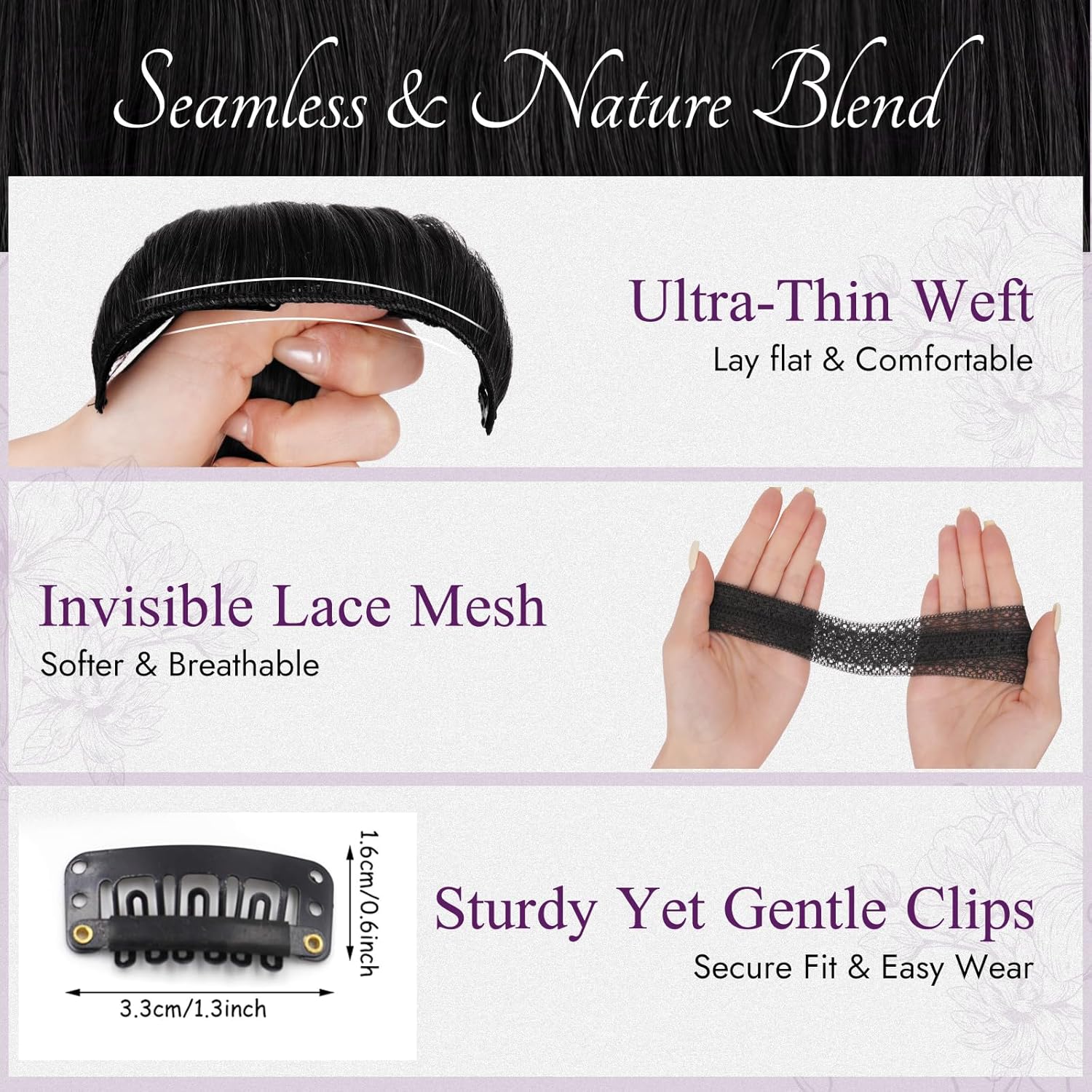 BARSDAR - extensions clip noir ondulées 50cm, lot 5pcs, synthétique