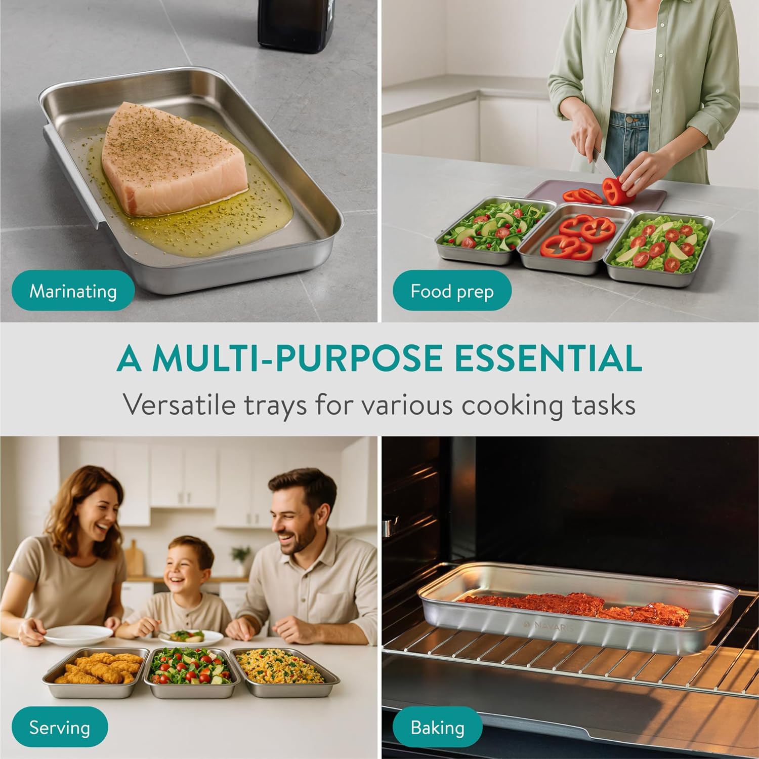 Navaris - Lot de 6 bacs inox - 27x15x3 cm - Four, pâtisserie, lave-vaisselle