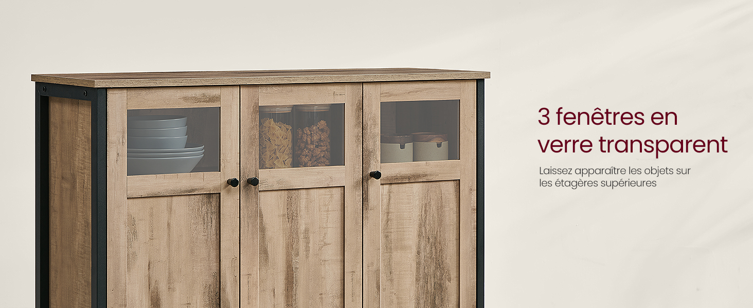 Armoire en bois avec trois portes vitrées. Finition en bois clair. Le texte mentionne « 3 fenêtres en verre transparent » (3 fenêtres en verre transparent