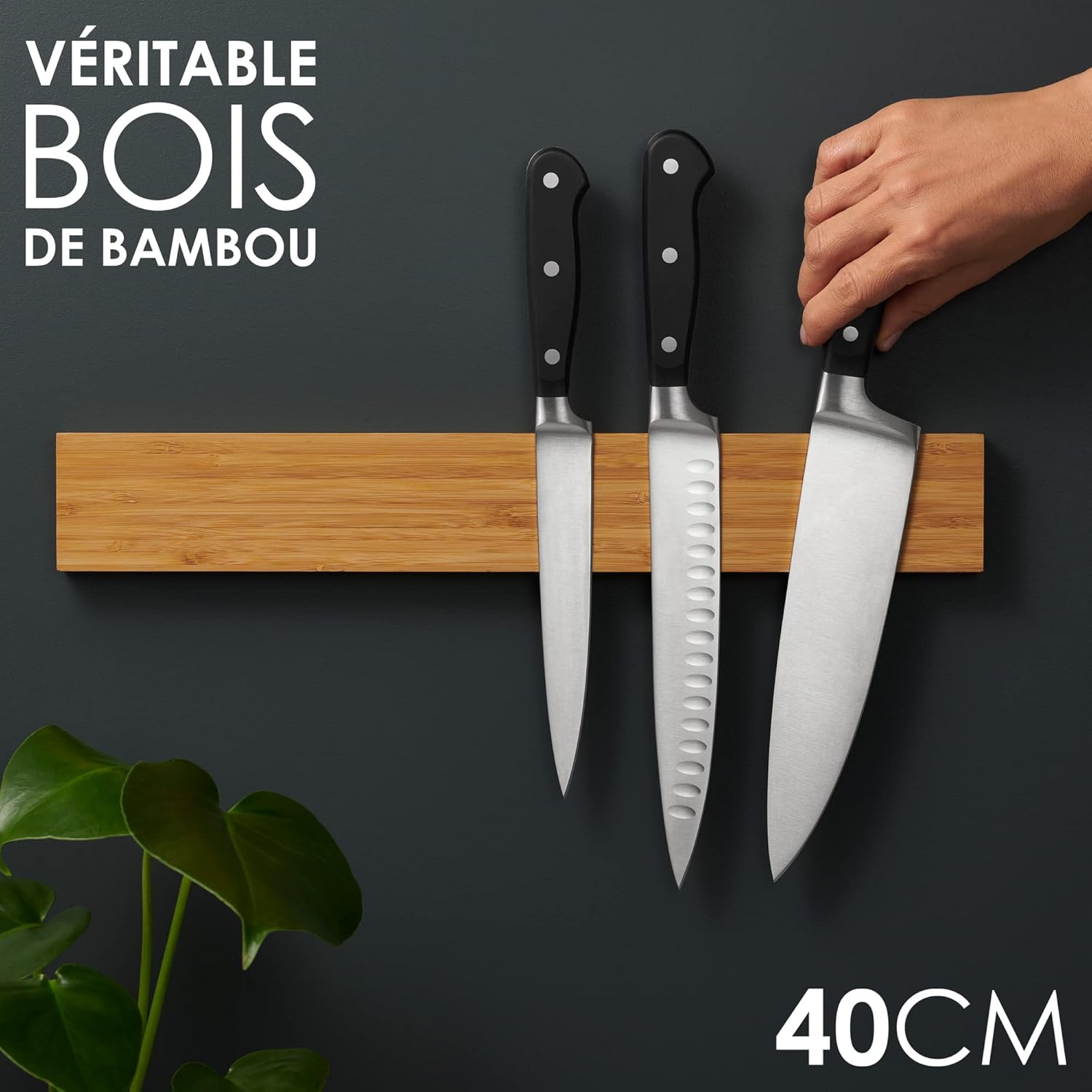 LARHN - Porte couteaux aimanté bambou 40cm - fixation murale puissante
