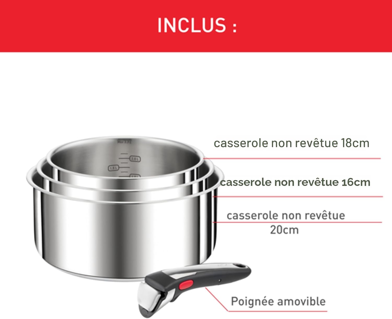Tefal - Ingenio Preference On - 16/18/20 cm - inox induction poignée amovible, empilable L898S334