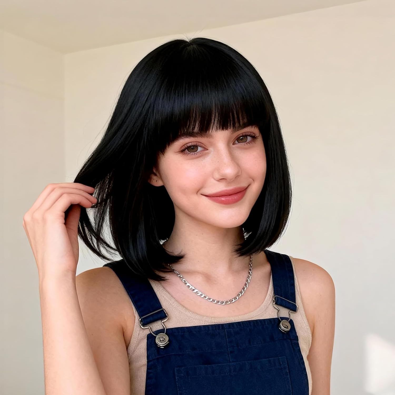 Perruque femme noire - carré court 35 cm - synthétique, bonnet ajustable