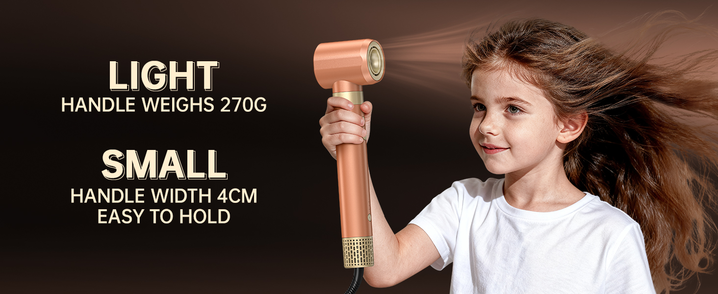 Le texte indique « LÉGER », « LE MANCHE PÈSE 270 G », « PETIT MANCHE, LARGEUR 2 CM ». Démonstration du produit présentant les spécifications des appareils portables.