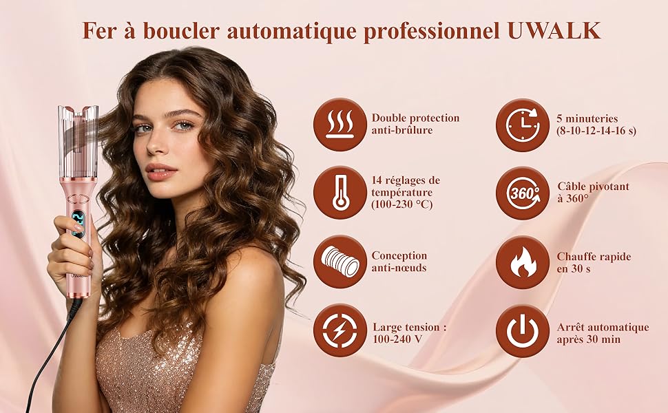 Le texte se lit comme suit : « Pour un boucher automatique professionnel UWALK ». Bannière d'information présentant diverses instructions ou fonctionnalités basées sur des icônes.