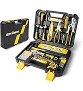 de la marque EMVENTOR dans une mallette de transport noire, ouverte pour exposer divers outils à main, notamment des tournevis, des pinces, un ruban à mesurer et un jeu de douilles dans une palette de couleurs jaune-noir