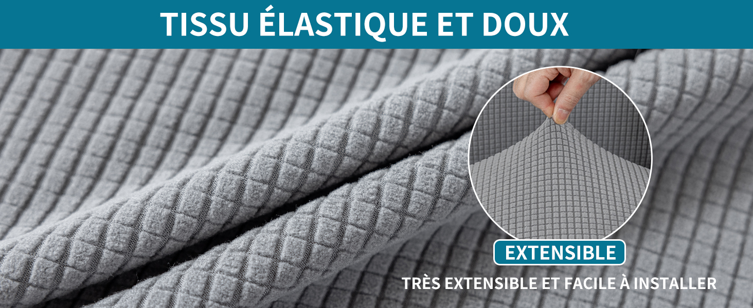 Gros plan d'un tissu texturé gris en train d'être étiré. Le texte indique qu'il s'agit d'un matériau extensible élastique et doux, facile à installer.