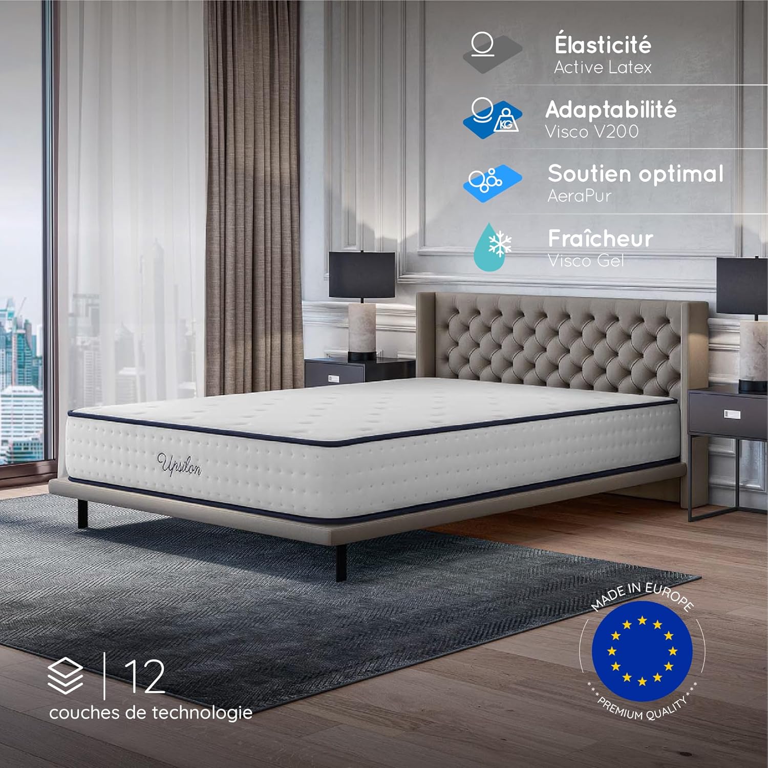 COSMOS - Upsilon - 120x190 cm - mémoire de forme, latex blue, 30 cm, soutien ferme