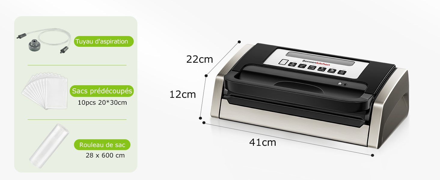 Schéma technique indiquant les dimensions d'un appareil : 41 cm de largeur, 22 cm de profondeur et 12 cm de hauteur, avec lignes de mesure et étiquettes.