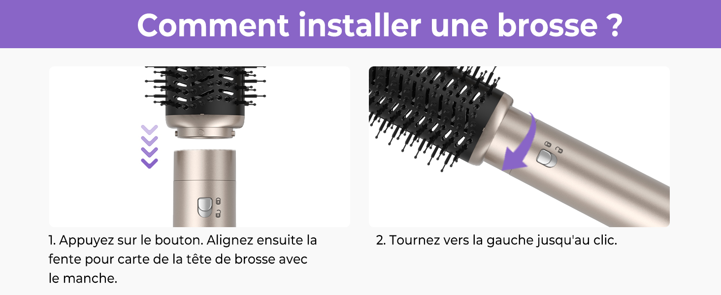 Le texte se lit comme suit : « Comment installer une brosse ? » Image explicative montrant la brosse à cheveux et les étapes d'installation.